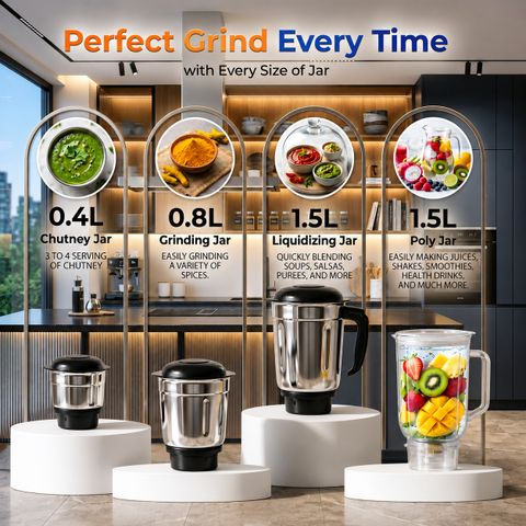 Growsmart HydroGrind 750W Mixer Grinder, 4 Jars, Grey - Image 8