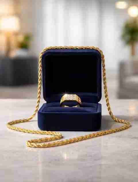 THMT Golden Rope Neckchain with Diamond Studded Ring Combo for Men - Image 5