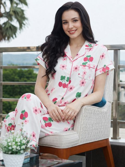 night dress for ladies india Nios Fashion Women Floral Print White Suit Set Price in 100% Cotton Color