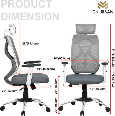 Da URBAN Merlion Grey-Z High Back Ergonomic Mesh Office Chair (Grey) - Image 4