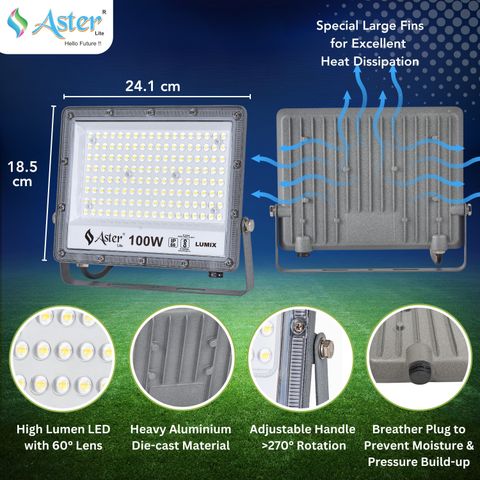 ASTER LITE Lumix 100W LED Flood Light IP66 Waterproof 6500K Cool White Flood Light Outdoor Lamp (Grey) - Image 8