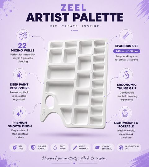 ZeelStationery Smart Rectangle Shape Colour Mixing Plate / Colour Palette with 22 Paint Wells Palettes (Set of 2, White) - Image 6