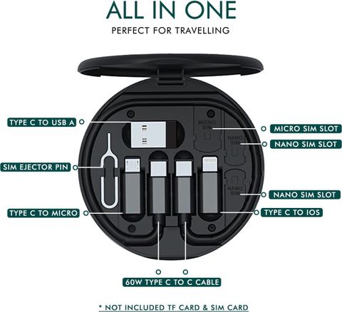 Uborn All In One Data cable set with mobile holder 60w multifunction fast charging Universal Smart Adapter Card Storage Box, Compatible with Multiple Devices. USB Cable (Black) - Image 8