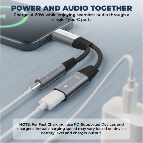 AMKETTE Grey Type-C to 3.5mm Audio Adapter with 60W PD Fast Charging - Image 3