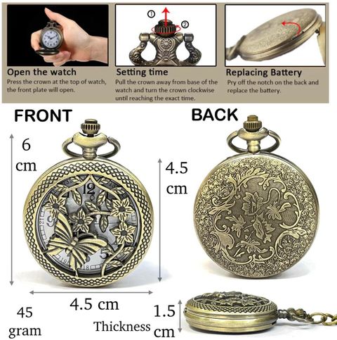 Mubco Antique Butterfly Flower Design Pocket Watch Keychain Quartz