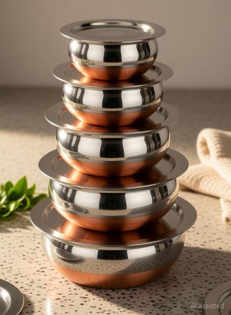 HM EVOTEK Stainless Steel Deep Vessel,Prabhu chatty Handi Cooking Pot For Kitchen withLid Handi 2 L, 1.5 L, 1 L, 0.75 L, 0.5 L with Lid (Stainless Steel, Copper, Induction Bottom) - Image 6