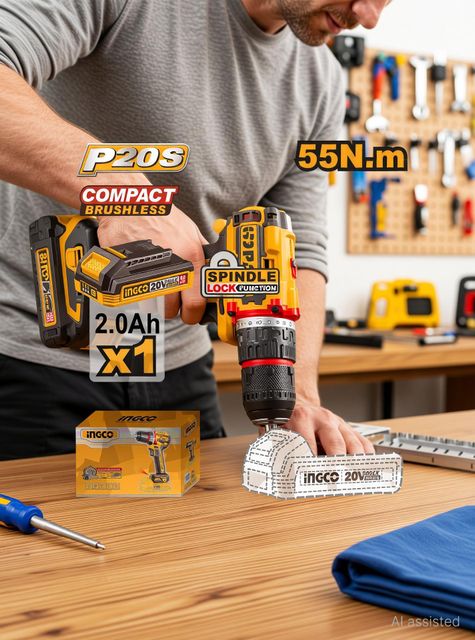 INGCO Compact Brushless Cordless Drill 55Nm, 13mm Metal Chuck, 2-Speed, with 1Pcs Battery, 1Pcs Charger, 47Pcs Accessories, CDLI205582 Cordless Drill (13 mm Chuck Size) - Image 6