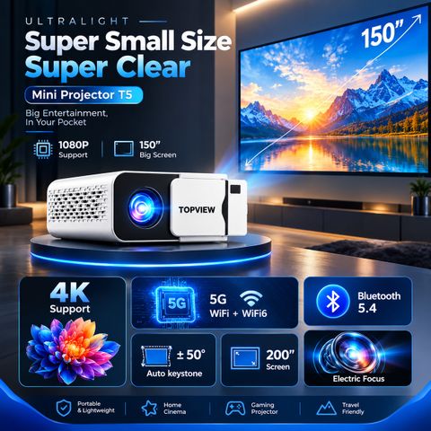 TOPVIEW T5 Mini Portable Smart Projector | Android 13 | Native HD | Wireless Miracast (5500 lm / 1 Speaker / Wireless / Remote Controller) Portable Projector (White) - Image 4