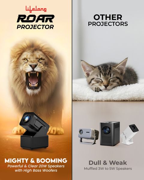 Lifelong ROAR Projector with 2 Mics, 20W Speakers, 1080P & 4K Support, 4000 Lumens & OTT (4500 lm / 1 Speaker / Wireless / Remote Controller) Portable Projector (Black) - Image 6