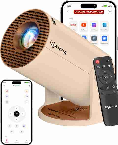 Lifelong Lightbeam Smart LED Projector, Android 14, 1080P/4K, 4000L, OTT Apps (4000 lm / 1 Speaker / Wireless / Remote Controller) Portable Projector (Beige) - Image 2