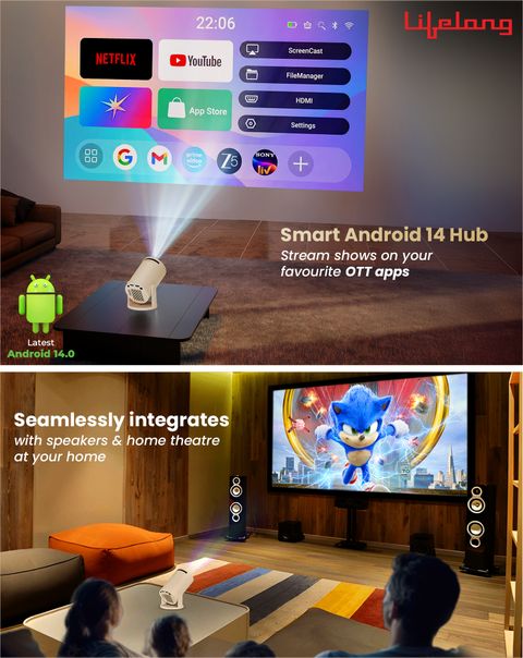 Lifelong Lightbeam Smart LED Projector, Android 14, 1080P/4K, 4000L, OTT Apps (4000 lm / 1 Speaker / Wireless / Remote Controller) Portable Projector (Beige) - Image 6