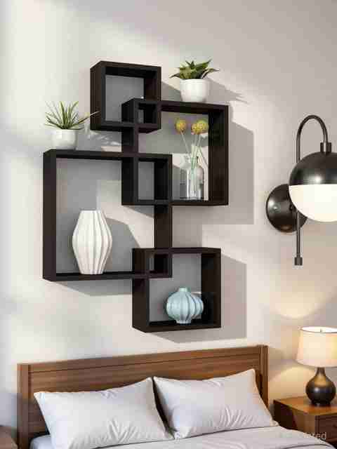 Online Craftbuzz Wooden Mounted Rack 4-Shelf Black MDF Wall Shelf - Image 5