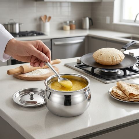 zynex Roti Making Set | 9-Inch Cast Iron Tawa, Stainless Steel Ghee Handi, 30cm & 22cm Rolling Pin & Board (Brown, Pack of 4) - Image 8