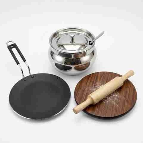 zynex Roti Making Set | 9-Inch Cast Iron Tawa, Stainless Steel Ghee Handi, 30cm & 22cm Rolling Pin & Board (Brown, Pack of 4) - Image 4