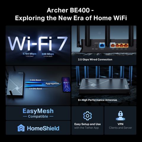 TP-Link Archer BE400 6500 Mbps Wi-Fi 7 Gigabit Router Wireless