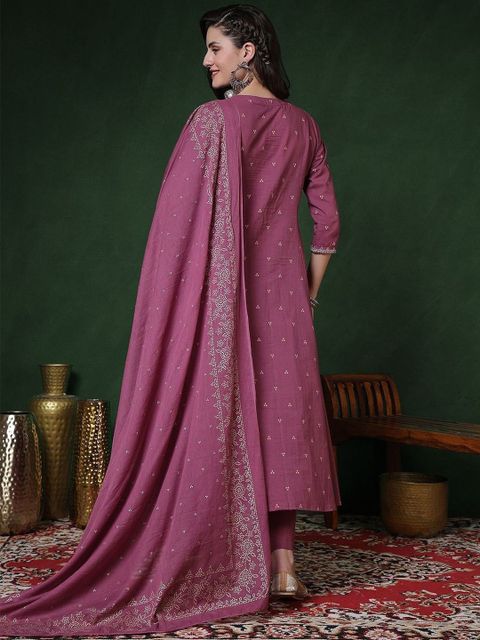 Pehnura Women Pure Cotton Embroidered & Printed Anarkali Kurta, Bottom & Dupatta Set - Image 5