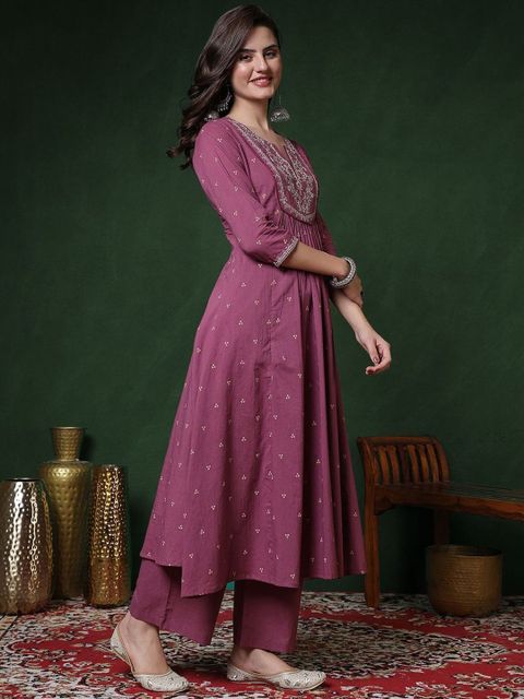 Pehnura Women Pure Cotton Embroidered & Printed Anarkali Kurta, Bottom & Dupatta Set - Image 4