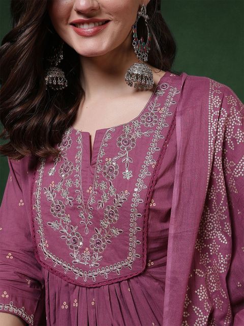 Pehnura Women Pure Cotton Embroidered & Printed Anarkali Kurta, Bottom & Dupatta Set - Image 6