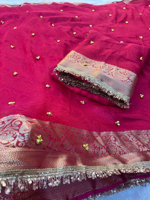Banaras Silk Palace Woven Bollywood Chiffon Saree Pink - Image 7