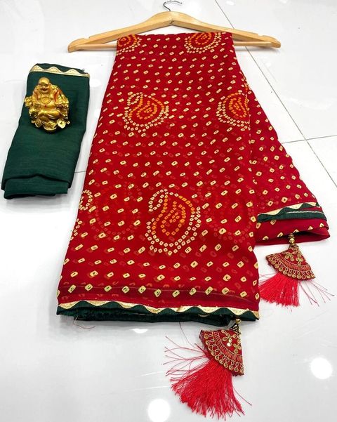 Padmavati Printed Bandhani Georgette Saree (Red) - Image 3
