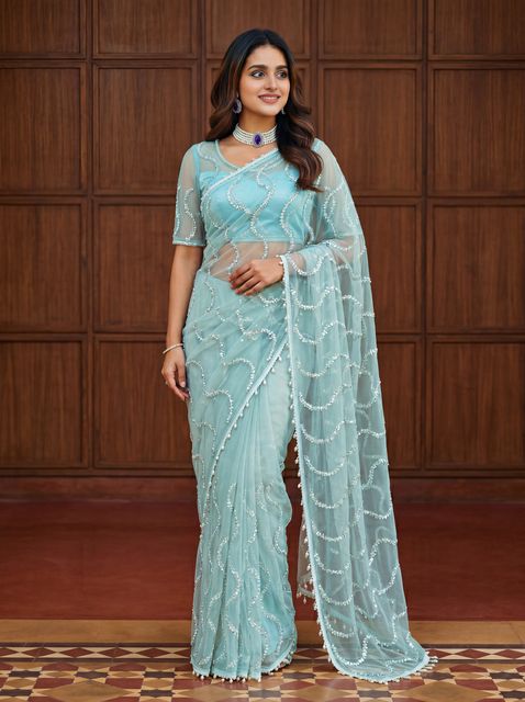 PD CLOTH VILLA Embellished Bollywood Net Saree (Light Blue) - Image 6