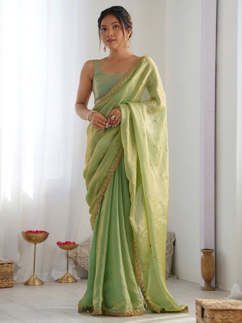 mahi creation Embellished Bollywood Pure Silk Saree (Light Green) - Image 4