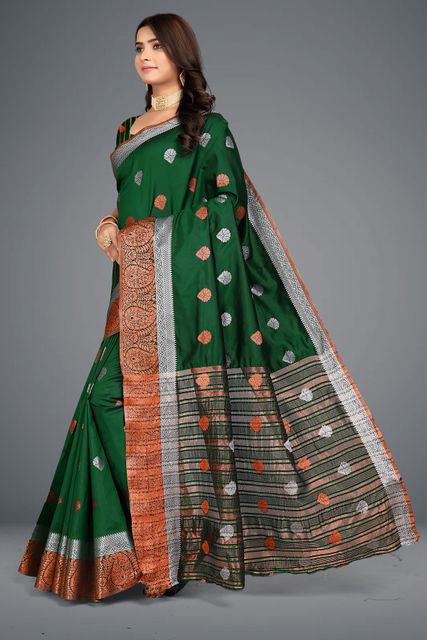 PRIYANSH CREATION Woven Bollywood Cotton Silk Saree (Green) - Image 6