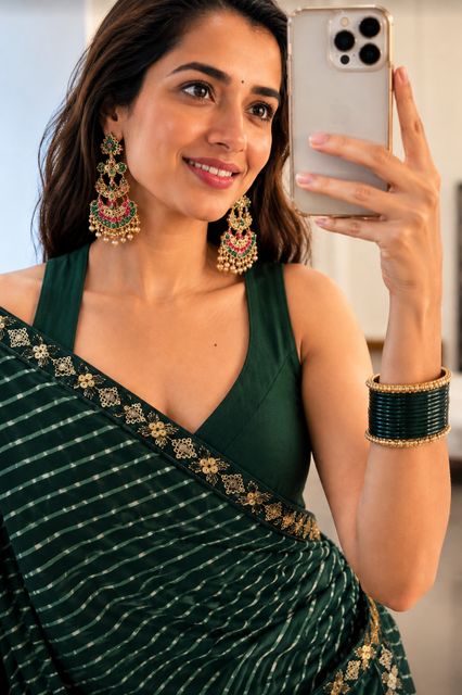 HouseOfCommon Embellished Bollywood Chiffon Saree (Dark Green) - Image 4