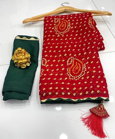 Padmavati Printed Bandhani Georgette Saree (Red) - Image 5