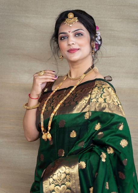 Shree Ganesh Woven, Floral Print, Paisley, Self Design Kanjivaram Cotton Silk Saree (Green) - Image 6