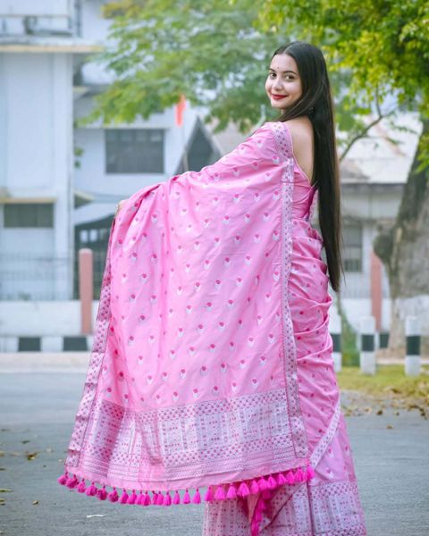 Ramani brothers Woven Mekhela Chador Pure Silk Saree (Pink) - Image 7