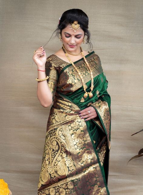 Shree Ganesh Woven, Floral Print, Paisley, Self Design Kanjivaram Cotton Silk Saree (Green) - Image 8