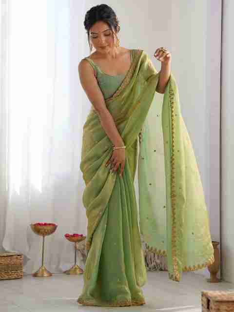 mahi creation Embellished Bollywood Pure Silk Saree (Light Green) - Image 2