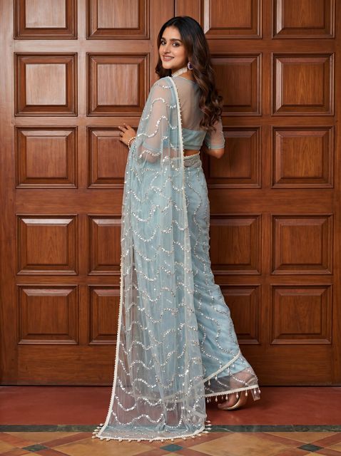 PD CLOTH VILLA Embellished Bollywood Net Saree (Light Blue) - Image 5