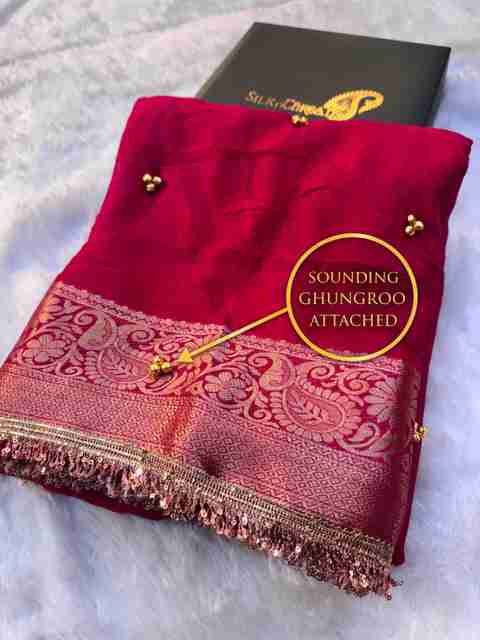 Banaras Silk Palace Woven Bollywood Chiffon Saree Pink - Image 5