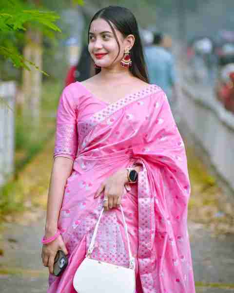 Ramani brothers Woven Mekhela Chador Pure Silk Saree (Pink) - Image 5