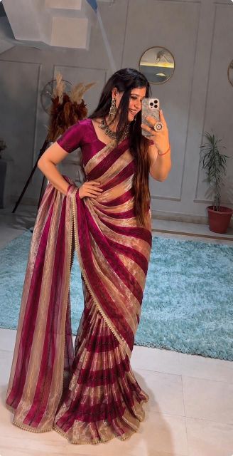 Jay Bajrang Fashion Color Block Bollywood Tissue Saree (Gold, Pink) - Image 8