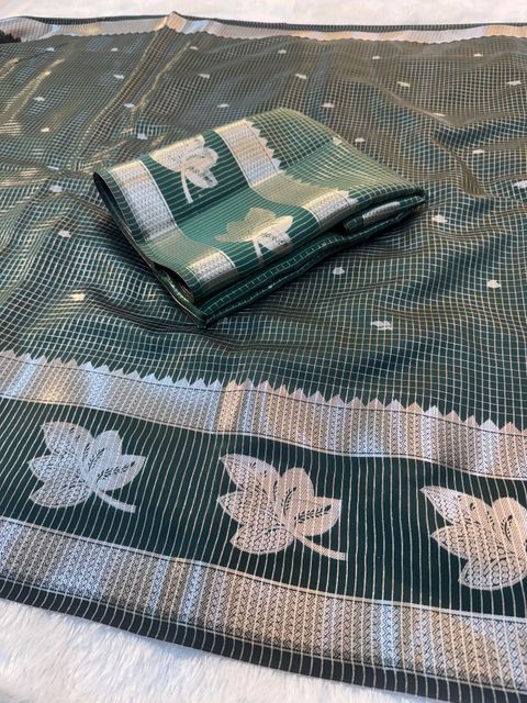 Banaras silk palace Self Design Chanderi Dupion Silk Saree (Dark Green) - Image 5