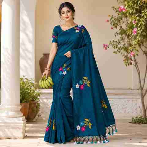 Paramitaladiescorner Embroidered Handloom Cotton Blend Saree (Multicolor) - Image 4