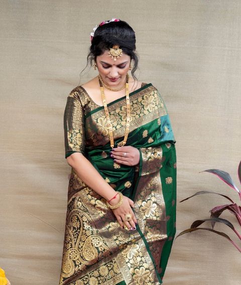 Shree Ganesh Woven, Floral Print, Paisley, Self Design Kanjivaram Cotton Silk Saree (Green) - Image 7