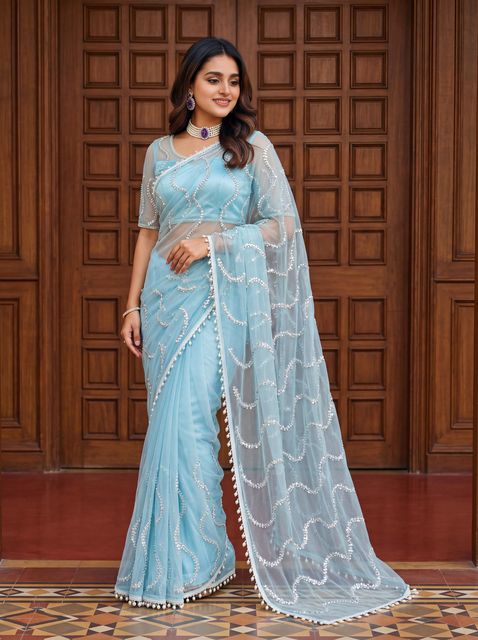 PD CLOTH VILLA Embellished Bollywood Net Saree (Light Blue) - Image 4