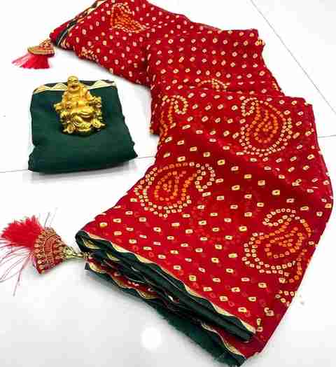 Padmavati Printed Bandhani Georgette Saree (Red) - Image 2