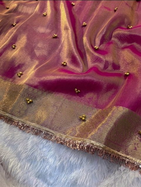 Banaras Silk Palace Embellished Bollywood Tissue Saree Red - Image 4