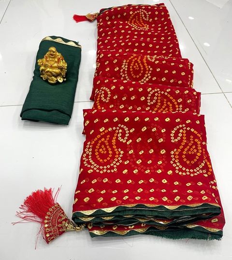 Padmavati Printed Bandhani Georgette Saree (Red) - Image 4