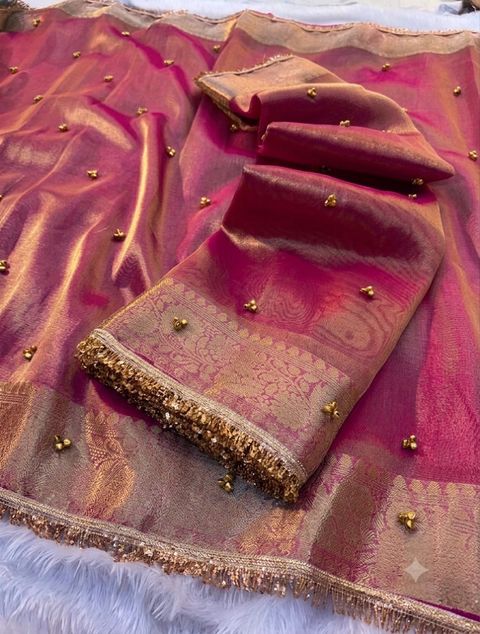 Banaras Silk Palace Embellished Bollywood Tissue Saree Red - Image 5