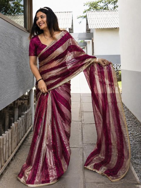Jay Bajrang Fashion Color Block Bollywood Tissue Saree (Gold, Pink) - Image 6