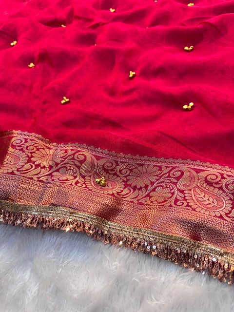 Banaras Silk Palace Woven Bollywood Chiffon Saree Pink - Image 8