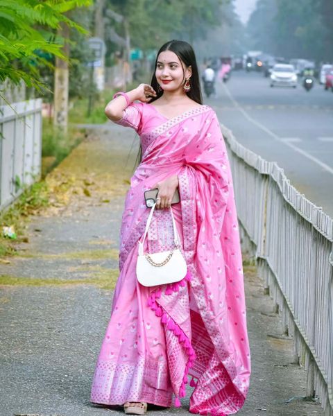 Ramani brothers Woven Mekhela Chador Pure Silk Saree (Pink) - Image 6