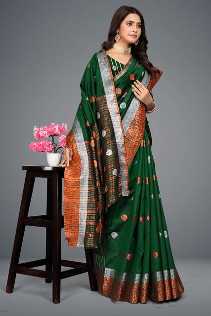 PRIYANSH CREATION Woven Bollywood Cotton Silk Saree (Green) - Image 8