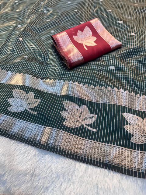 Banaras silk palace Self Design Chanderi Dupion Silk Saree (Dark Green) - Image 4
